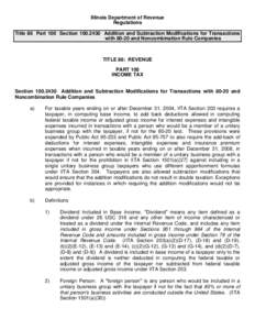 Illinois Department of Revenue Regulations Title 86 Part 100 Section[removed]Addition and Subtraction Modifications for Transactions with[removed]and Noncombination Rule Companies  TITLE 86: REVENUE