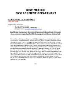 NEW MEXICO ENVIRONMENT DEPARTMENT STATEMENT OF RESPONSE May 30, 2014 Contact: Jim Winchester Communications Director