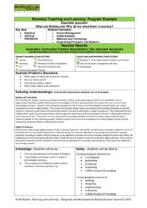 Robotics Teaching and Learning Program Example Essential question: What are Robots and Why do we need them in society? Big idea:  