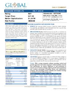 Equity Research  DAILY COMMENT ENGHOUSE SYSTEMS LTD.  ESL-T, $40.00