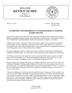 SENATOR  KEVIN P. ELTIFE District 1 News Release