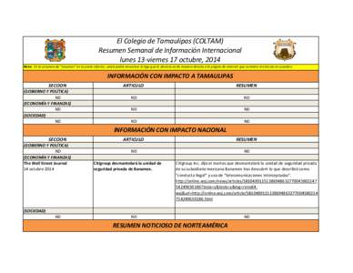El Colegio de Tamaulipas (COLTAM) Resumen Semanal de Información Internacional lunes 13-viernes 17 octubre, 2014 Nota: En la columna de 