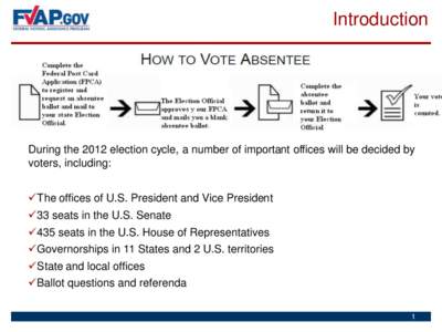 Introduction  During the 2012 election cycle, a number of important offices will be decided by voters, including: The offices of U.S. President and Vice President 33 seats in the U.S. Senate