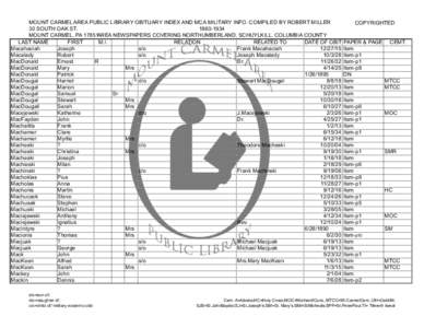 MOUNT CARMEL AREA PUBLIC LIBRARY OBITUARY INDEX AND MCA MILITARY INFO. COMPILED BY ROBERT MILLER COPYRIGHTED 30 SOUTH OAK ST[removed]MOUNT CARMEL, PA 17851AREA NEWSPAPERS COVERING NORTHUMBERLAND, SCHUYLKILL, COLUMBIA 