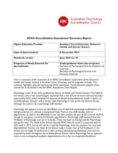 APAC Accreditation Assessment Summary Report Higher Education Provider Southern Cross University, School of Health and Human Science