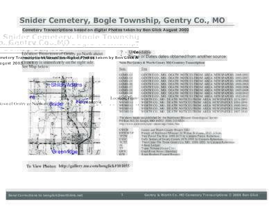 Snider Cemetery, Bogle Township, Gentry Co., MO Cemetery Transcriptions based on digital Photos taken by Ben Glick August 2002 Location: From town of Gentry go North about 2 miles on YY Road, Exit West on 250 ST. Cemeter