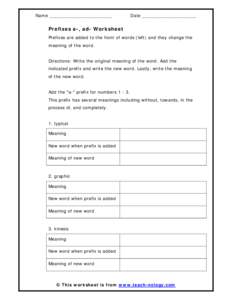 Prefixes a-, ad- Worksheet