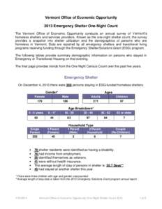 Vermont Office of Economic Opportunity 2013 Emergency Shelter One-Night Count The Vermont Office of Economic Opportunity conducts an annual survey of Vermont’s homeless shelters and services providers. Known as the one