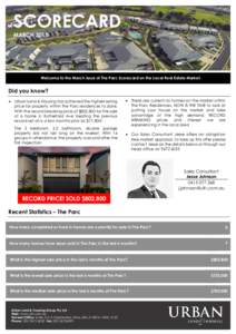 SCORECARD MARCH 2015 Welcome to the March issue of The Parc Scorecard on the Local Real Estate Market.  Did you know?