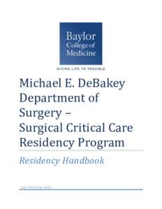 Michael E. DeBakey Department of Surgery – Surgical Critical Care Residency Program Residency Handbook