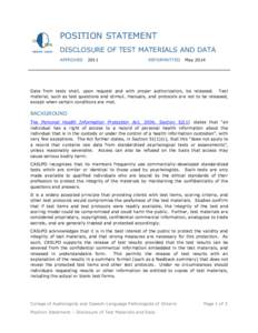 POSITION STATEMENT DISCLOSURE OF TEST MATERIALS AND DATA APPROVED 2011