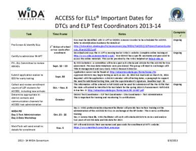 ACCESS for ELLs® Important Dates for DTCs and ELP Test Coordinators[removed]Task Pre-Screen & Identify ELLs  Time Frame