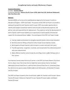 Strengthening Teacher and Leader Effectiveness 2 Program Grantee Information: Grantee: Dutchess BOCES Consortium Members: Beacon City SD, Dover UFSD, Hyde Park CSD, Northeast (Webutuck) CSD, Pine Plains CSD Abstract: