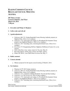 ELKINS COMMON COUNCIL REGULAR COUNCIL MEETING AGENDA 401 Davis Avenue Council Chamber, 2nd Floor March 20, 2014