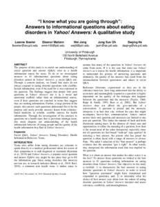 “I know what you are going through”: Answers to informational questions about eating disorders in Yahoo! Answers: A qualitative study Leanne Bowler [removed]