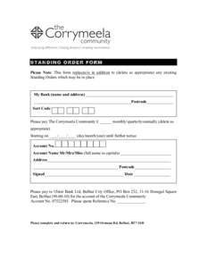 STANDING ORDER FORM Please Note: This form replaces/is in addition to (delete as appropriate) any existing Standing Orders which may be in place My Bank (name and address) ___________________________________________ ____