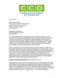 June 15, 2015 Department of Labor Employment & Training Administration 20 CFR Parts 676, 677, and 678 Docket #: ETARIN 1205-AB74