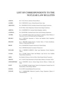 LIST OF CORRESPONDENTS TO THE NUCLEAR LAW BULLETIN ALBANIA Mr. F. YLLI, Director, Institute of Nuclear Physics