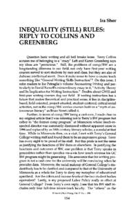 Ira Shor  INEQUALITY (STILL) RULES: REPLY TO COLLINS AND GREENBERG Question basic writing and all hell breaks loose. Terry Collins