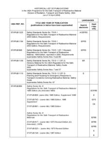 HISTORICAL LIST OF PUBLICATIONS in the IAEA Programme for the Safe Transport of Radioactive Material Division of Radiation, Transport and Waste Safety, IAEA (as of 10 April[removed]IAEA REF. NO.