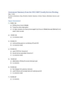 Assessment Summary from the 2012 ABET Faculty Review Meeting May 7, 2013 Faculty in attendance: Heys, Richards, Gerlach, Seymour, Carlson, Peyton, Wettstein, Gannon, and Brown  Input Assessment