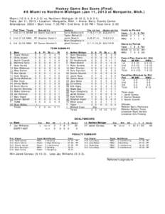 Hockey Game Box Score (Final) #6 Miami vs Northern Michigan (Jan 11, 2013 at Marquette, Mich.) Miami[removed], [removed]vs. Northern Michigan[removed], [removed]Date: Jan 11, 2013 • Location: Marquette, Mich. • Arena: 