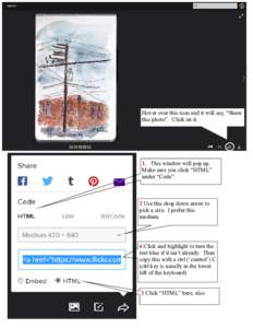 Hover over this icon and it will say, “Share this photo”. Click on it. 1. This window will pop up. Make sure you click “HTML” under “Code”.