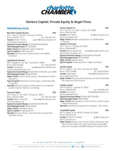 Venture Capital, Private Equity & Angel Firms Mecklenburg County Blue Point Capital Partners (PE) 201 S. Tryon St., Ste. 850, Charlotte, NC[removed]Phone: [removed]