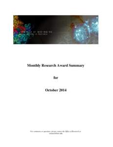 Monthly Research Award Summary for October 2014 For comments or questions, please contact the Office of Research at 