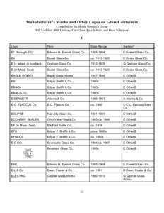 Manufacturer’s Marks and Other Logos on Glass Containers Compiled by the Bottle Research Group (Bill Lockhart, Bill Lindsey, Carol Serr, Pete Schulz, and Beau Schriever) E Logo