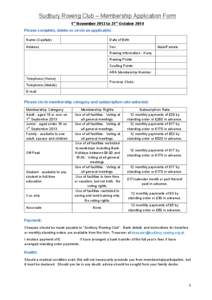 Sudbury Rowing Club – Membership Application Form 1st November 2013 to 31st October 2014 Please complete, delete or circle as applicable: Name (Capitals)  Date of Birth