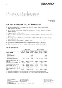 1  28 April 2015 NoA strong start of the year for ASSA ABLOY