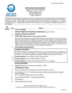 Date Posted: NORTH MARIN WATER DISTRICT AGENDA - REGULAR MEETING September 1, 2015 – 7:00 p.m. District Headquarters