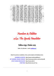 Numbers & Oddities a.k.a. The Spooks Newsletter Edition #193, October 2013 Editor: Ary Boender email:   Check for previous newsletters, info, sound samples and databases also: