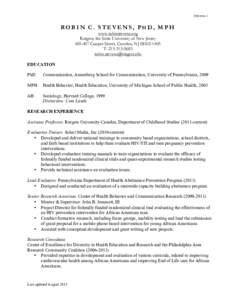 STEVENS 1  ROBIN C. STEVENS, PHD, MPH www.robinstevens.org Rutgers, the State University of New Jersey[removed]Cooper Street, Camden, NJ[removed]