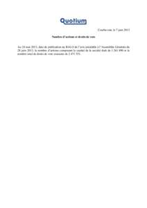 Courbevoie, le 7 juin 2013 Nombre d’actions et droits de vote Au 24 mai 2013, date de publication au BALO de l’avis préalable à l’Assemblée Générale du 28 juin 2013, le nombre d’actions composant le capital 