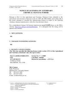 Notice of Licensing of Veterinary Chemical Manufacturers - APVMA Gazette 5, 1 May 2001