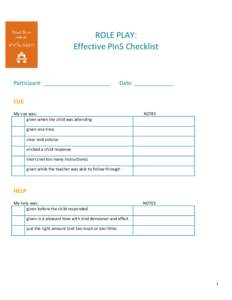 ROLE PLAY: Effective PInS Checklist Participant: ______________________  Date: _____________