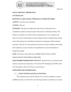 This document is scheduled to be published in the Federal Register on[removed]and available online at http://federalregister.gov/a[removed], and on FDsys.gov[removed]P LEGAL SERVICES CORPORATION