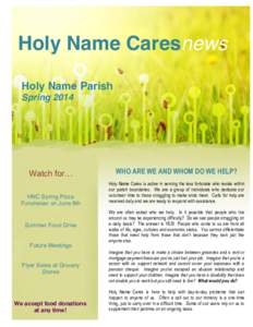 Holy Name Caresnews Holy Name Parish Spring 2014 Watch  for… HNC Spring Pizza