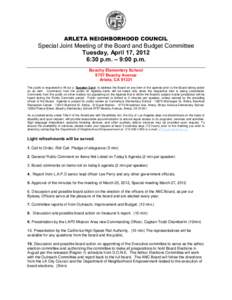 ARLETA NEIGHBORHOOD COUNCIL  Special Joint Meeting of the Board and Budget Committee Tuesday, April 17, 2012 6:30 p.m. – 9:00 p.m. Beachy Elementary School