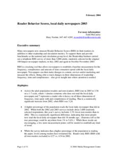 FebruaryReader Behavior Scores, local daily newspapers 2003 For more information: Todd McCauley Mary Nesbitt, , 