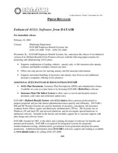 PRESS RELEASE Enhanced 412(i) Software from DATAIR For immediate release February 10, 2003 Contact: