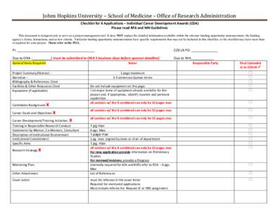 Johns Hopkins University – School of Medicine – Office of Research Administration Checklist for K Applications – Individual Career Development Awards (CDA) Please read RFA and NIH Guidelines This document is design