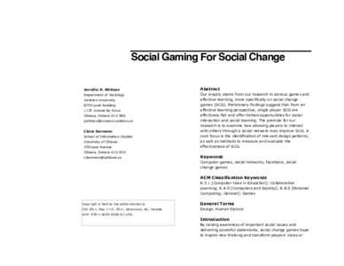 Social Gaming For Social Change Jennifer R. Whitson Abstract  Department of Sociology