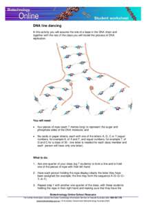 DNA line dancing In this activity you will assume the role of a base in the DNA chain and together with the rest of the class you will model the process of DNA replication.  You will need: