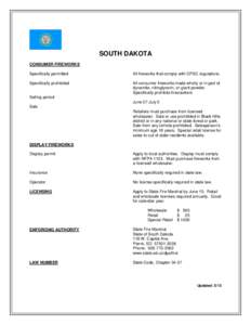 SOUTH DAKOTA CONSUMER FIREWORKS Specifically permitted All fireworks that comply with CPSC regulations.