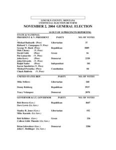 LINCOLN COUNTY, MONTANA UNOFFICIAL ELECTION RETURNS NOVEMBER 2, 2004 GENERAL ELECTION 14 OUT OF 14 PRECINCTS REPORTING STATE & NATIONAL