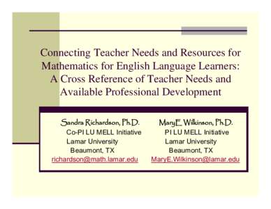 Connecting Teacher Needs and Resources for Mathematics for English Language Learners: A Cross Reference of  Teacher Needs and Available Professional Development
