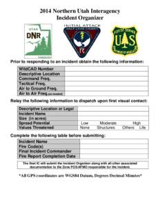 2014 Northern Utah Interagency Incident Organizer Prior to responding to an incident obtain the following information: WildCAD Number Descriptive Location